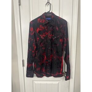 Georg Roth Los Angeles Mens Red Black Floral Flocked Velvet Western Shirt Cotton